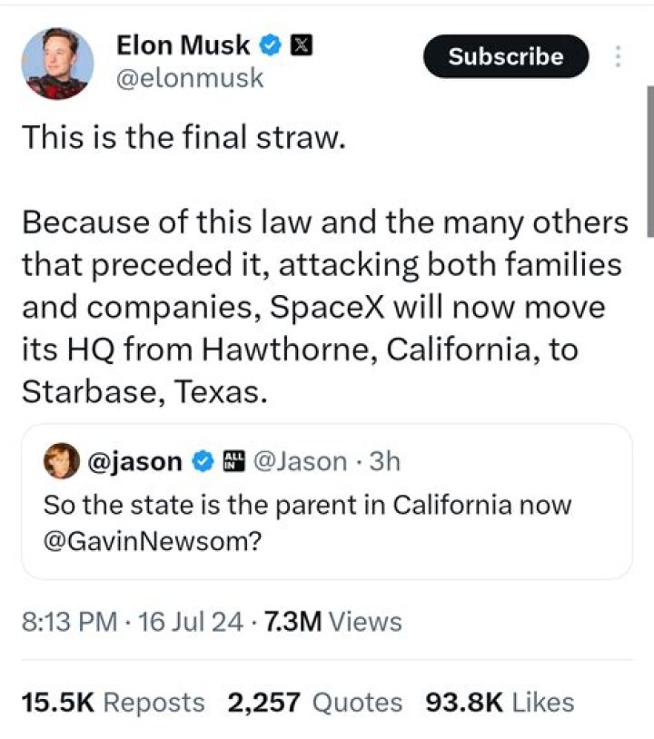 Elon Musk Moves To Texas, Has Strong Opinions About California